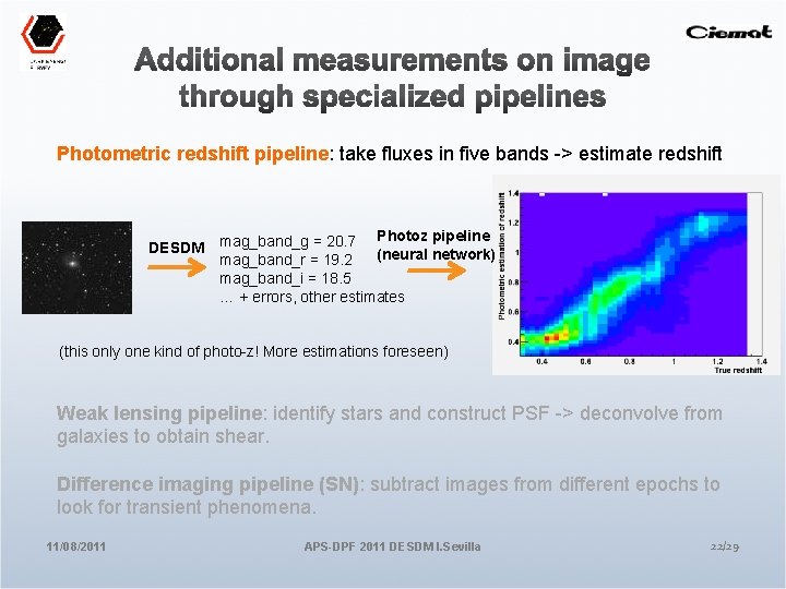 Photometric redshift pipeline: take fluxes in five bands -> estimate redshift Photoz pipeline DESDM