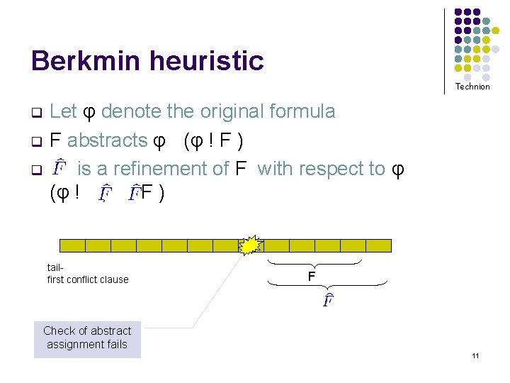 Berkmin heuristic Technion q q q Let φ denote the original formula F abstracts
