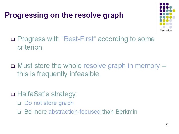 Progressing on the resolve graph Technion q Progress with “Best-First” according to some criterion.