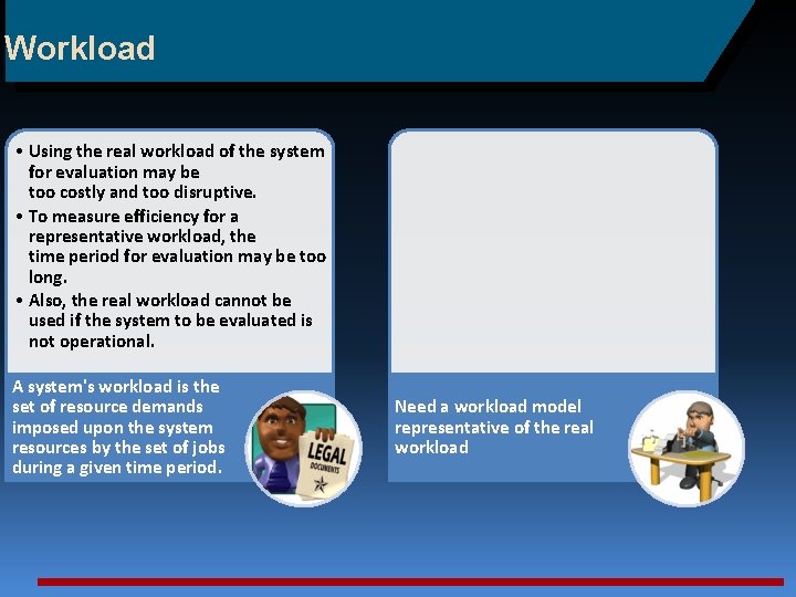 Workload • Using the real workload of the system for evaluation may be too