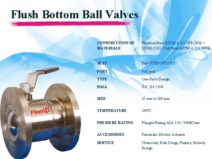 Flush Bottom Ball Valves CONSTRUCTION OF MATERIALS Stainless Steel ASTM A 351 CF 8