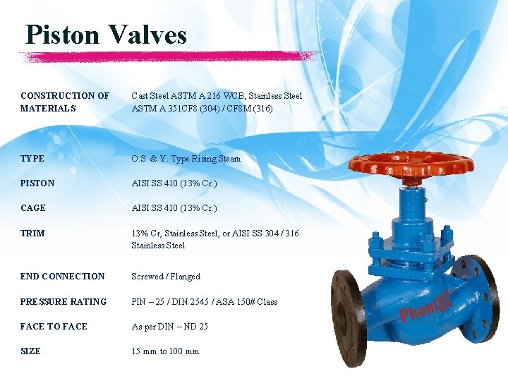 Piston Valves CONSTRUCTION OF MATERIALS Cast Steel ASTM A 216 WCB, Stainless Steel ASTM