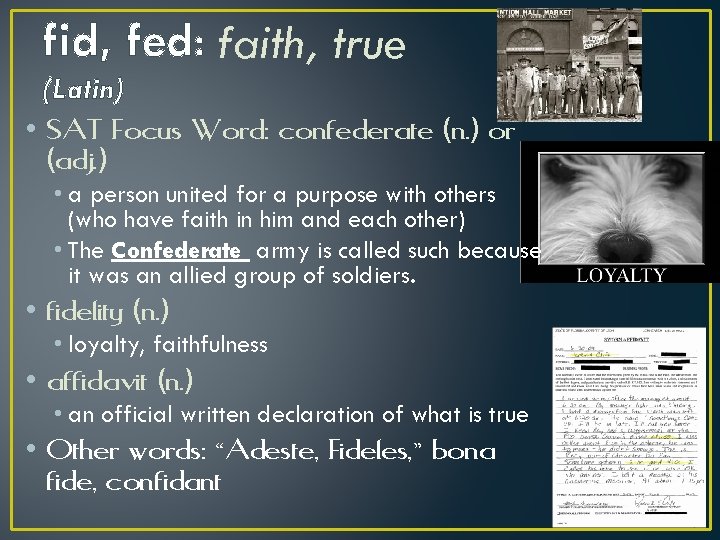 fid, fed: faith, true (Latin) • SAT Focus Word: confederate (n. ) or (adj.