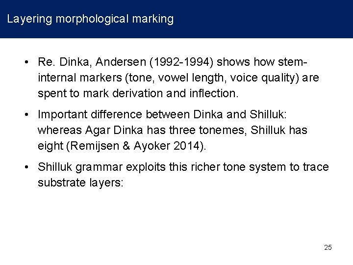 Layering morphological marking • Re. Dinka, Andersen (1992 -1994) shows how steminternal markers (tone,