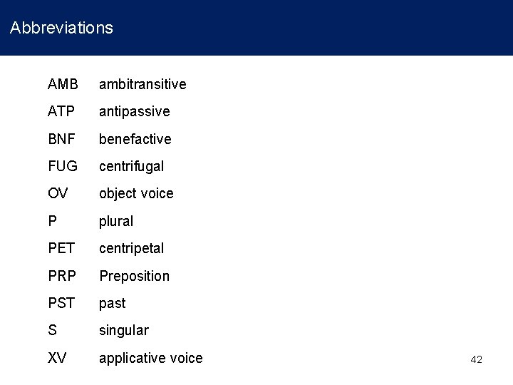 Abbreviations AMB ambitransitive ATP antipassive BNF benefactive FUG centrifugal OV object voice P plural