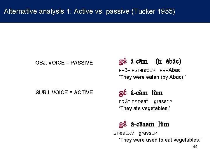Alternative analysis 1: Active vs. passive (Tucker 1955) lu m gɛ a -ca m