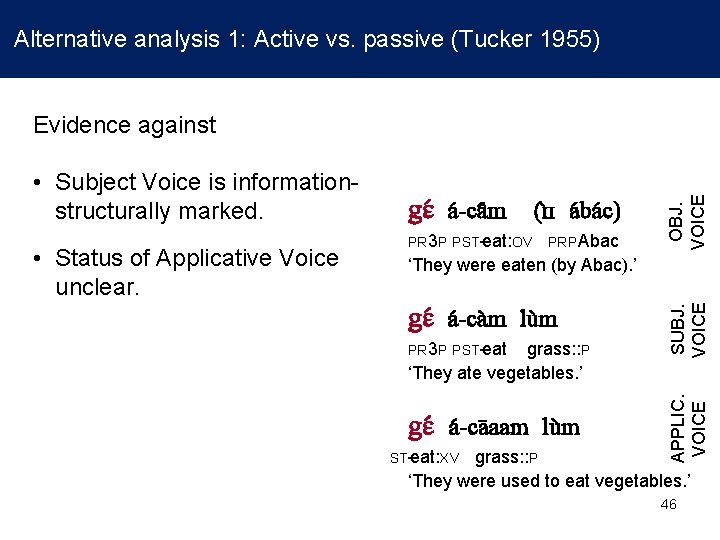 Alternative analysis 1: Active vs. passive (Tucker 1955) unclear. ɟɪ ɪ a -ca m