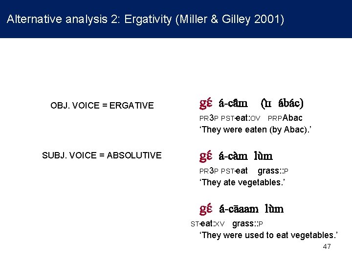 Alternative analysis 2: Ergativity (Miller & Gilley 2001) a -gwɔ k = ERGATIVE kɪ