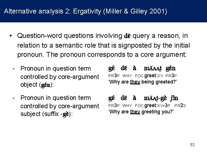 Alternative analysis 2: Ergativity (Miller & Gilley 2001) • Question-word questions involving dɛ query