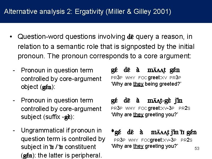 Alternative analysis 2: Ergativity (Miller & Gilley 2001) • Question-word questions involving dɛ query