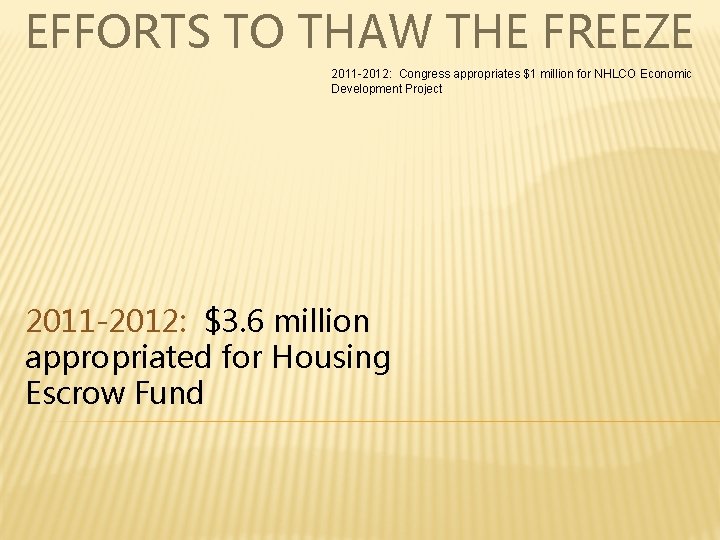 EFFORTS TO THAW THE FREEZE 2011 -2012: Congress appropriates $1 million for NHLCO Economic