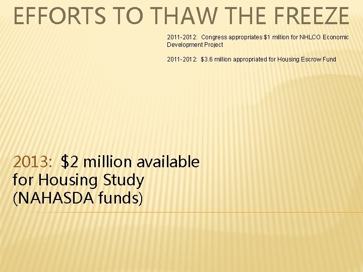 EFFORTS TO THAW THE FREEZE 2011 -2012: Congress appropriates $1 million for NHLCO Economic