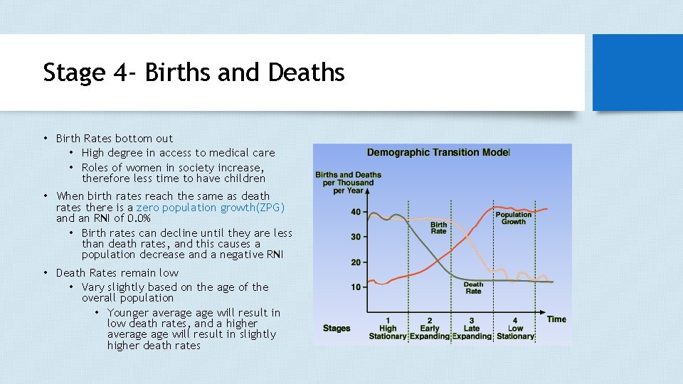 Stage 4 - Births and Deaths • Birth Rates bottom out • High degree