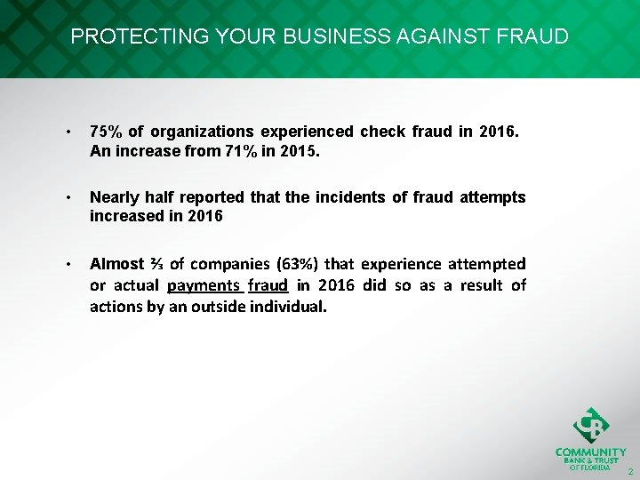 PROTECTING YOUR BUSINESS AGAINST FRAUD • 75% of organizations experienced check fraud in 2016.