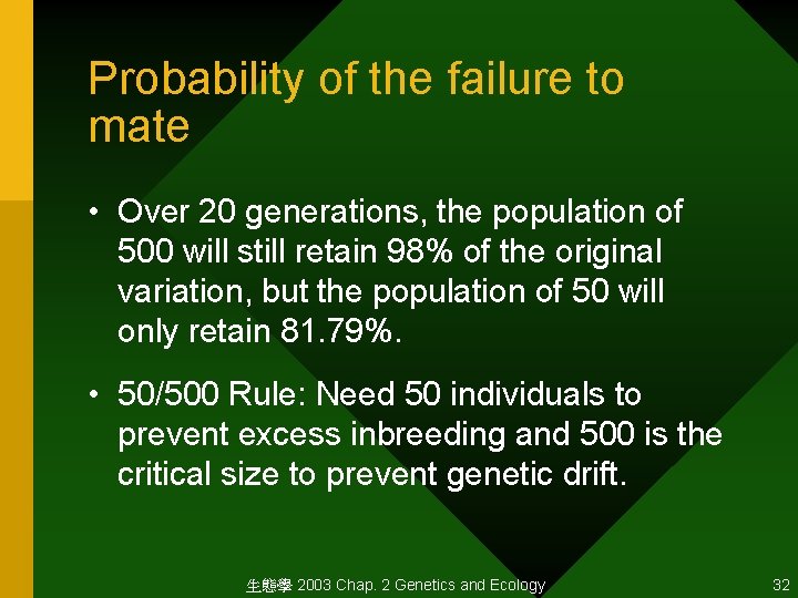 Probability of the failure to mate • Over 20 generations, the population of 500