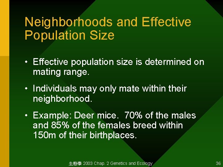 Neighborhoods and Effective Population Size • Effective population size is determined on mating range.