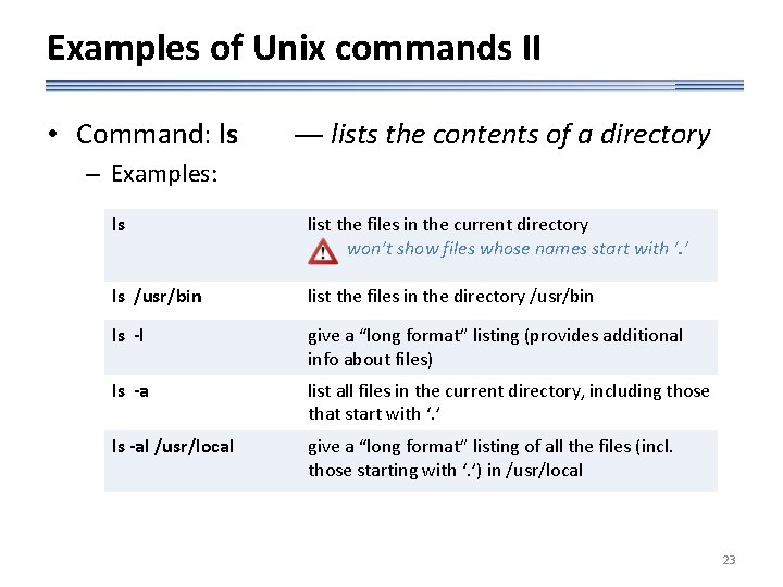 Examples of Unix commands II • Command: ls — lists the contents of a