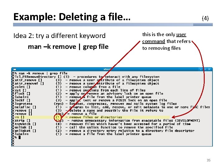 Example: Deleting a file… Idea 2: try a different keyword man –k remove |