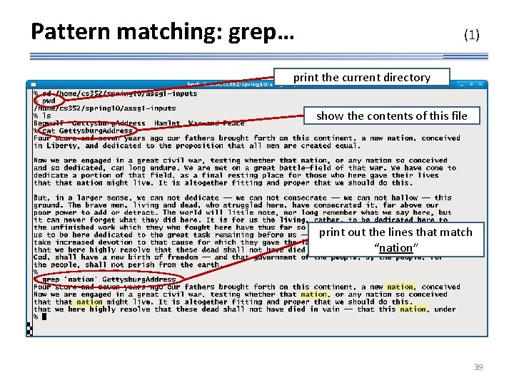 Pattern matching: grep… (1) print the current directory show the contents of this file