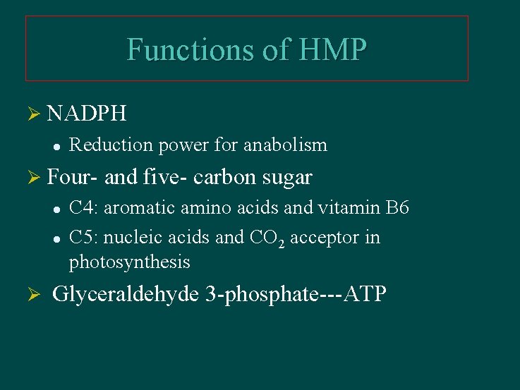 Functions of HMP Ø NADPH l Reduction power for anabolism Ø Four- and five-