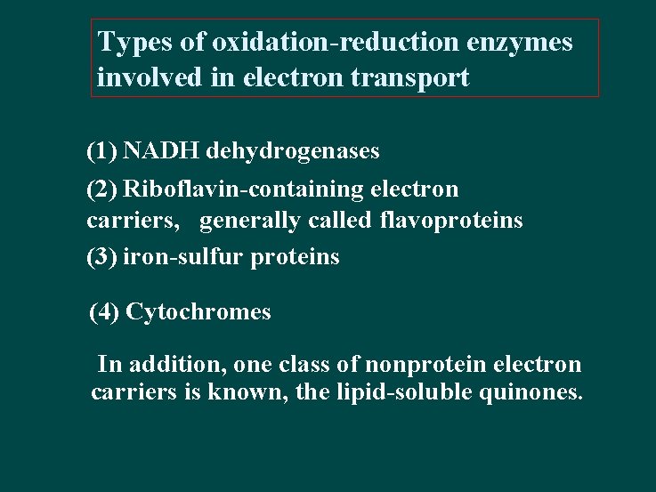 Types of oxidation-reduction enzymes involved in electron transport (1) NADH dehydrogenases (2) Riboflavin-containing electron