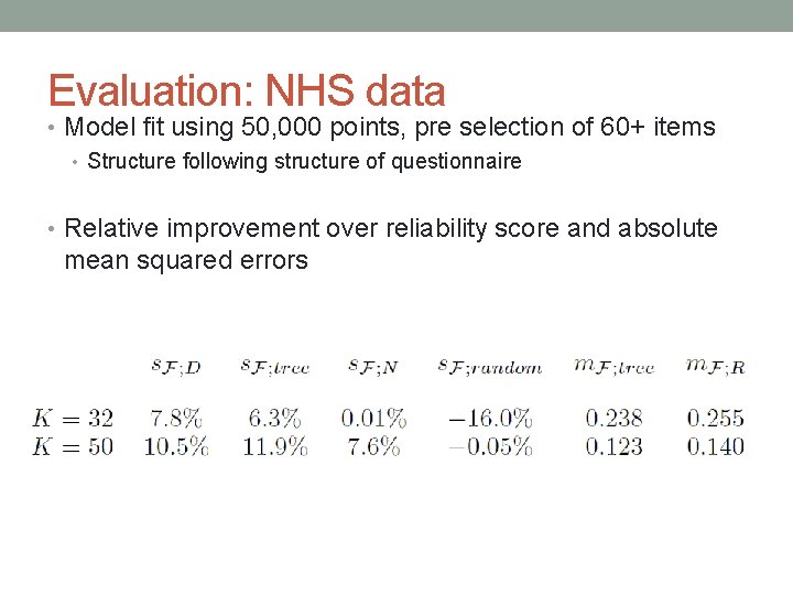 Evaluation: NHS data • Model fit using 50, 000 points, pre selection of 60+