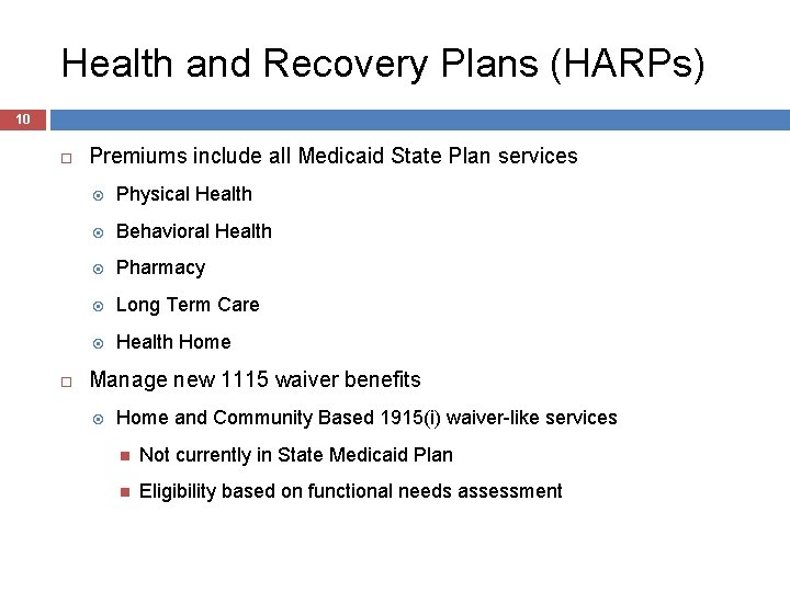 Health and Recovery Plans (HARPs) 10 Premiums include all Medicaid State Plan services Physical