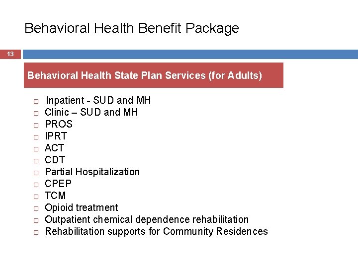 Behavioral Health Benefit Package 13 Behavioral Health State Plan Services (for Adults) Inpatient -