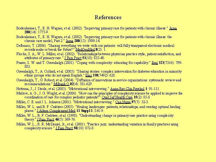 References Bodenheimer, T. , E. H. Wagner, et al. (2002). "Improving primary care for