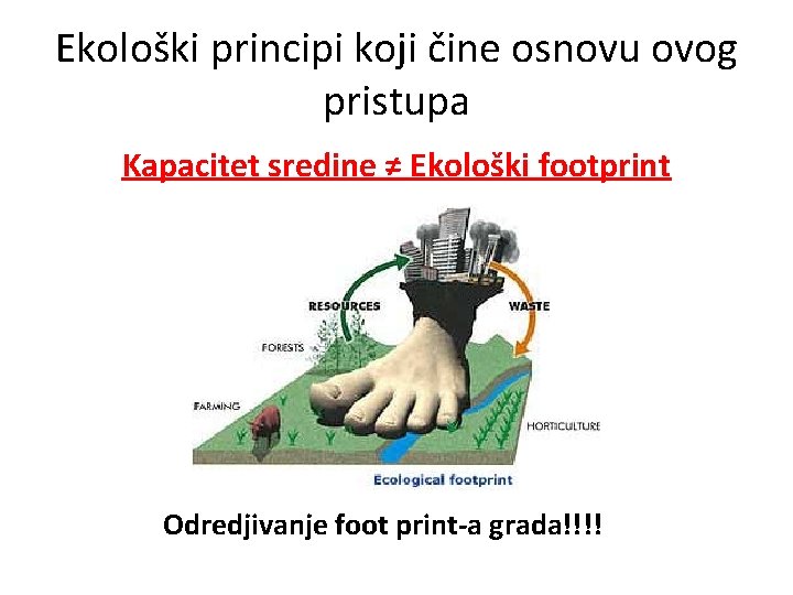 Ekološki principi koji čine osnovu ovog pristupa Kapacitet sredine ≠ Ekološki footprint Odredjivanje foot