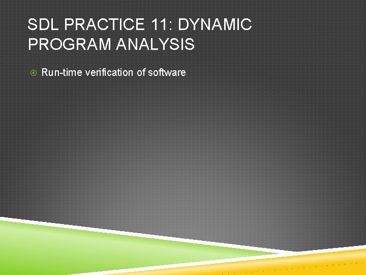 SDL PRACTICE 11: DYNAMIC PROGRAM ANALYSIS Run-time verification of software 