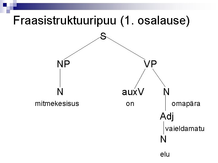Fraasistruktuuripuu (1. osalause) S NP N mitmekesisus VP aux. V N on omapära Adj