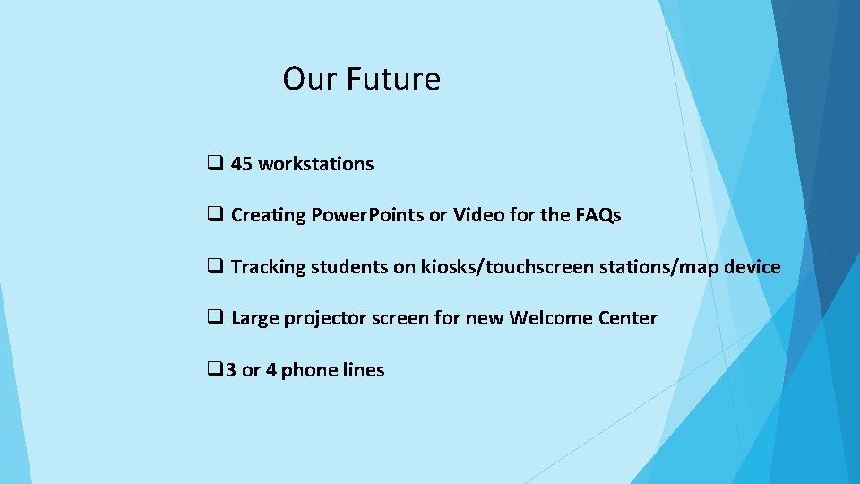 Our Future q 45 workstations q Creating Power. Points or Video for the FAQs