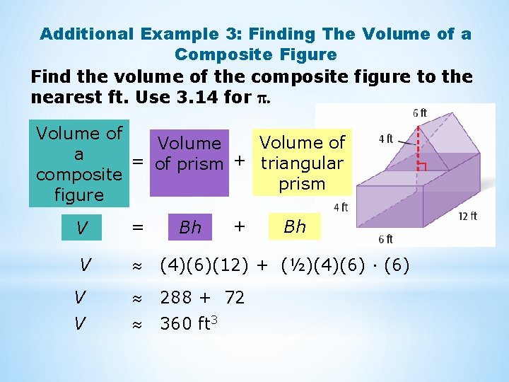 Additional Example 3: Finding The Volume of a Composite Figure Find the volume of