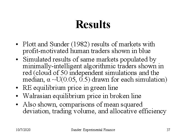 Results • Plott and Sunder (1982) results of markets with profit-motivated human traders shown