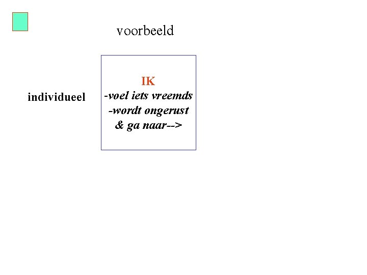 voorbeeld individueel IK -voel iets vreemds -wordt ongerust & ga naar--> 