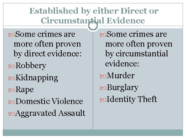 Established by either Direct or Circumstantial Evidence Some crimes are more often proven by