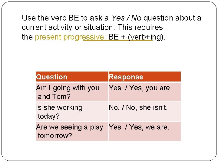 Use the verb BE to ask a Yes / No question about a current
