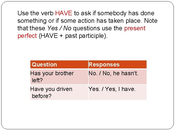 Use the verb HAVE to ask if somebody has done something or if some