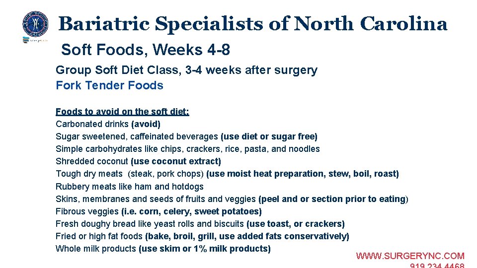 Bariatric Specialists of North Carolina Soft Foods, Weeks 4 -8 Group Soft Diet Class,