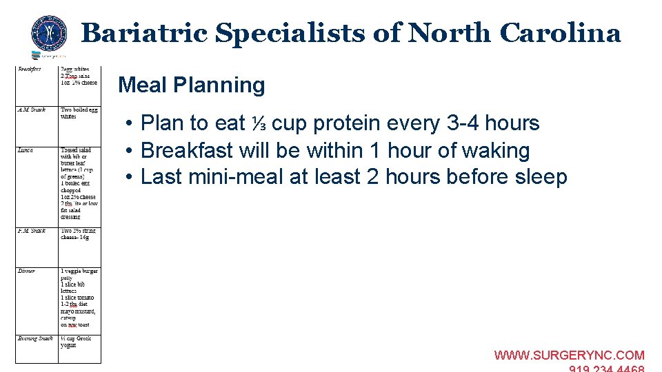 Bariatric Specialists of North Carolina Meal Planning • Plan to eat ⅓ cup protein