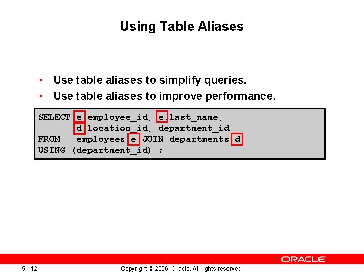 Using Table Aliases • Use table aliases to simplify queries. • Use table aliases