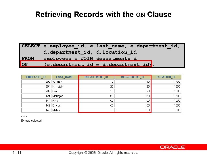 Retrieving Records with the ON Clause SELECT e. employee_id, e. last_name, e. department_id, d.