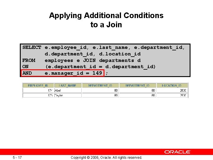 Applying Additional Conditions to a Join SELECT e. employee_id, e. last_name, e. department_id, d.