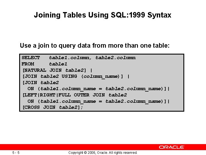 Joining Tables Using SQL: 1999 Syntax Use a join to query data from more