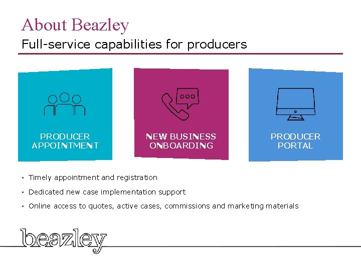 About Beazley Full-service capabilities for producers PRODUCER APPOINTMENT NEW BUSINESS ONBOARDING PRODUCER PORTAL •