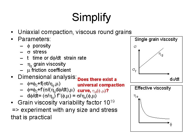 Simplify • Uniaxial compaction, viscous round grains • Parameters: – – – f porosity