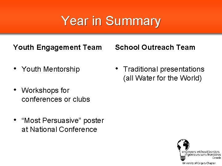 Year in Summary Youth Engagement Team School Outreach Team • Youth Mentorship • Traditional