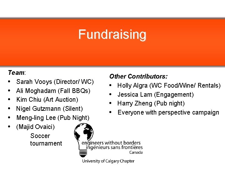 Fundraising Team: Other Contributors: • Sarah Vooys (Director/ WC) • Holly Algra (WC Food/Wine/