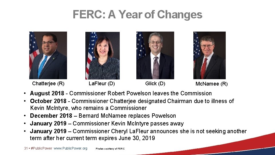 FERC: A Year of Changes Chatterjee (R) La. Fleur (D) Glick (D) Mc. Namee